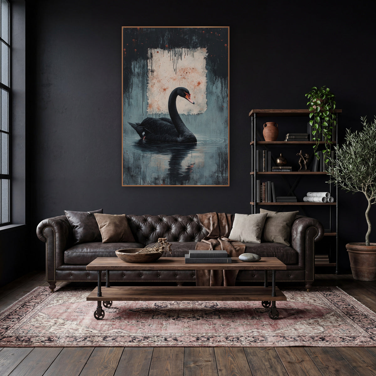 Swan Beneath Ink Drips Moody wall art in a moody dark academia room – black swan with coral beak floating on rippled