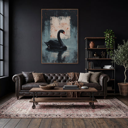 Swan Beneath Ink Drips Moody wall art in a moody dark academia room – black swan with coral beak floating on rippled