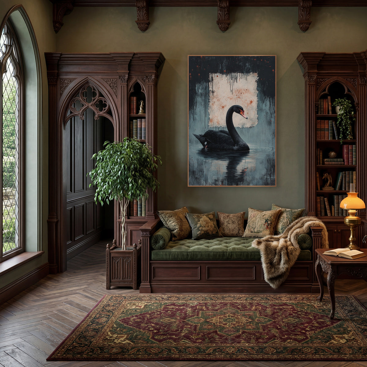 Swan Beneath Ink Drips Moody wall art in a moody dark academia room – black swan with coral beak floating on rippled