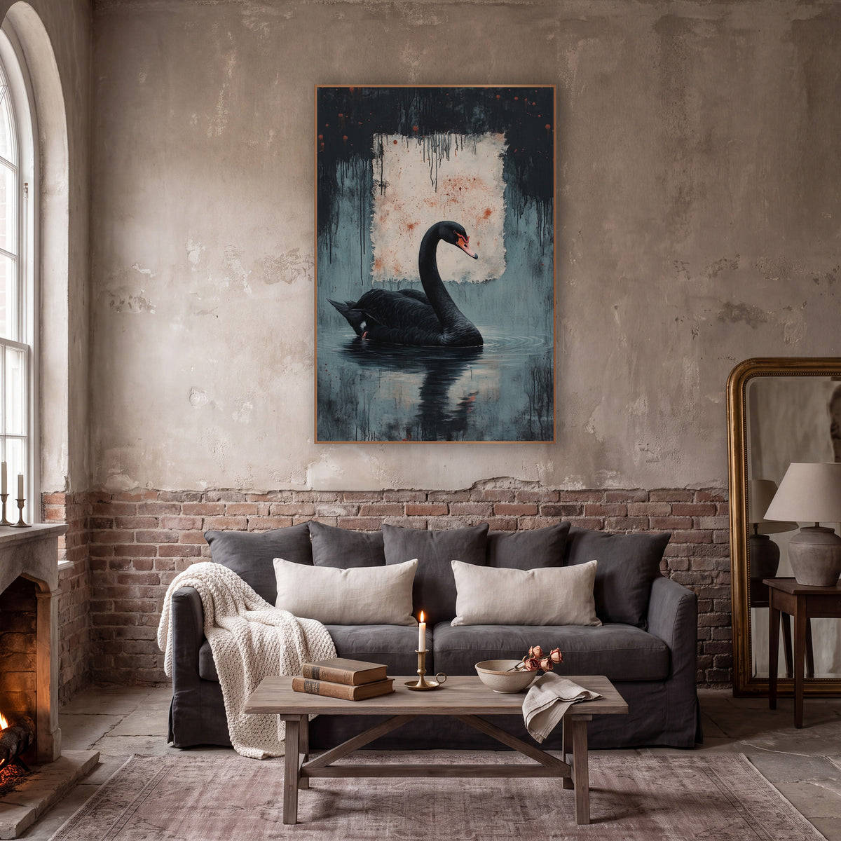 Swan Beneath Ink Drips Moody wall art in a moody dark academia room – black swan with coral beak floating on rippled