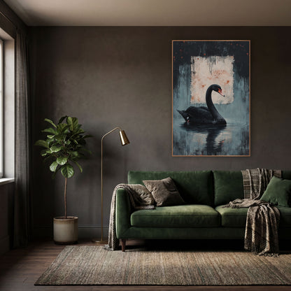 Swan Beneath Ink Drips Moody wall art in a moody dark academia room – black swan with coral beak floating on rippled