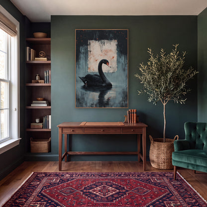 Swan Beneath Ink Drips Moody wall art in a moody dark academia room – black swan with coral beak floating on rippled