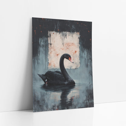 Swan Beneath Ink Drips Moody art print leaning against a white wall – black swan with coral beak floating on rippled