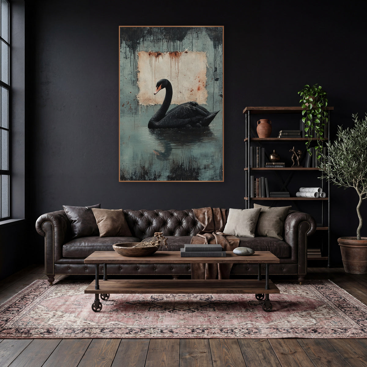 Swan Left Rusted Parchment Gothic wall art in a moody dark academia room – black swan with orange-pink beak on still