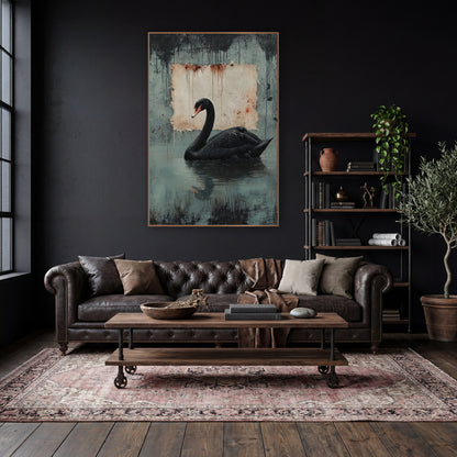 Swan Left Rusted Parchment Gothic wall art in a moody dark academia room – black swan with orange-pink beak on still