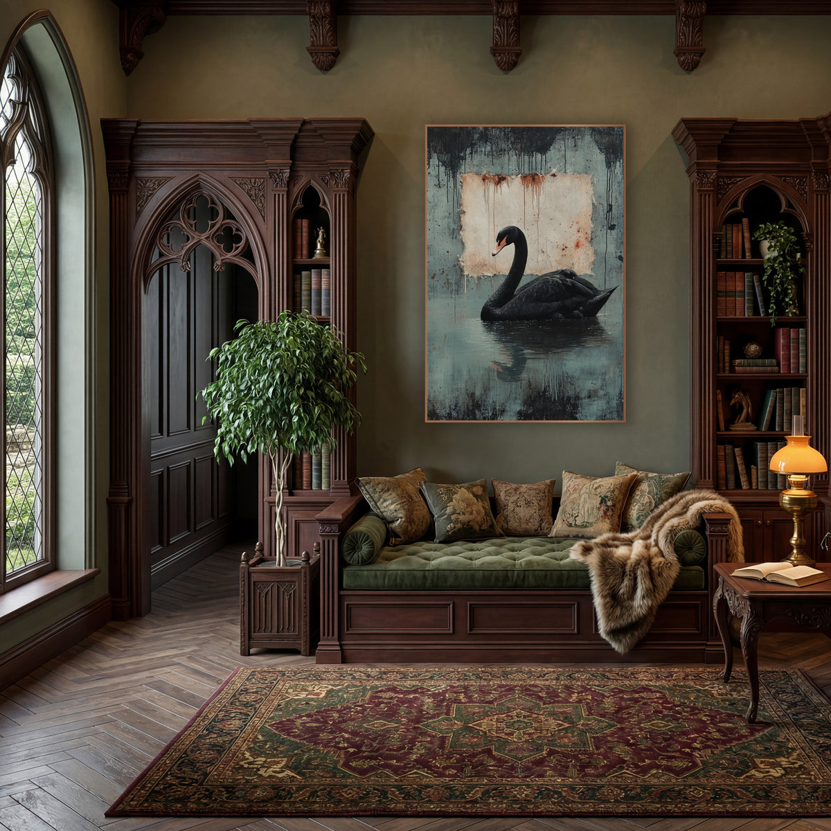 Swan Left Rusted Parchment Gothic wall art in a moody dark academia room – black swan with orange-pink beak on still