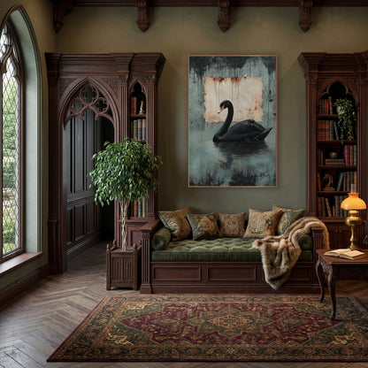 Swan Left Rusted Parchment Gothic wall art in a moody dark academia room – black swan with orange-pink beak on still