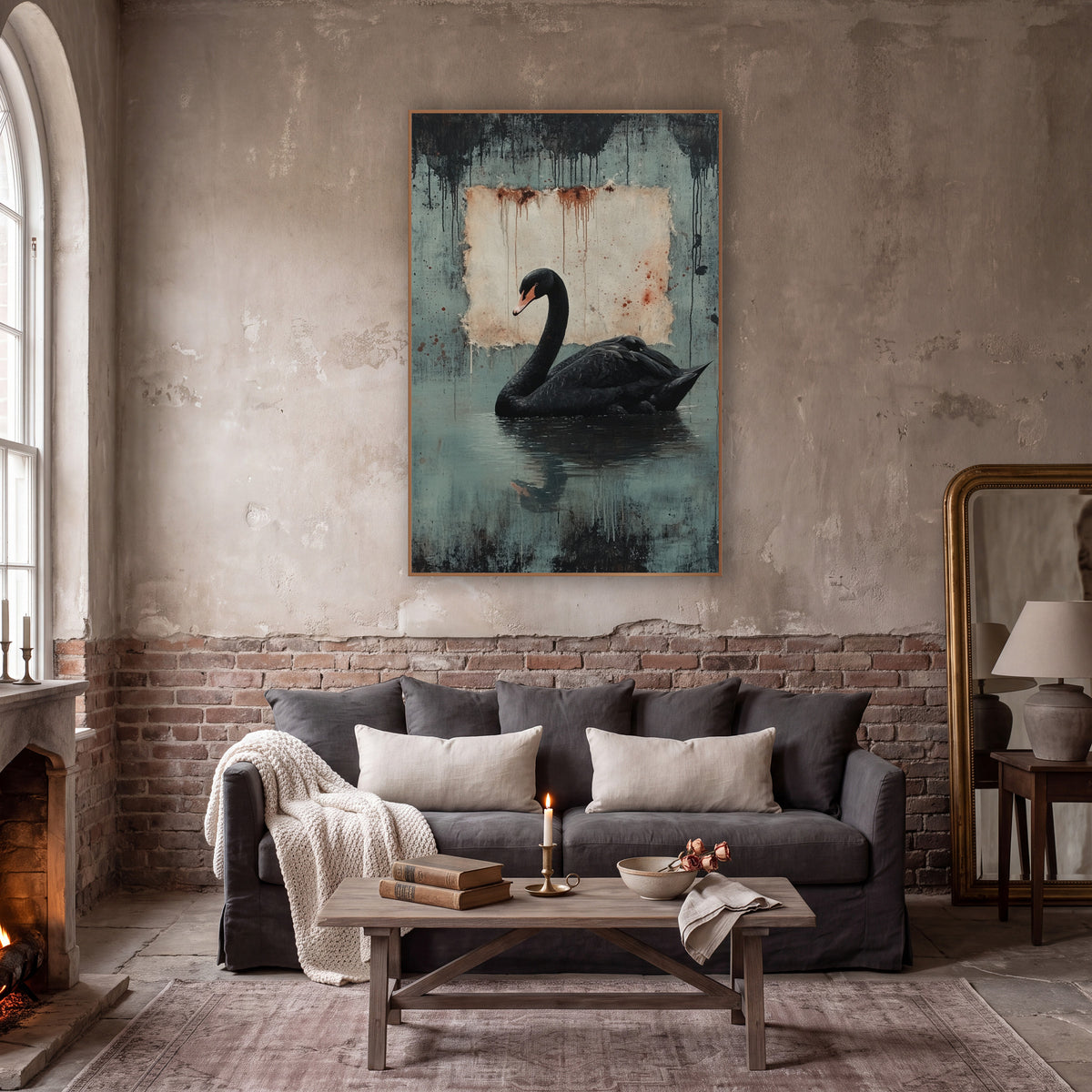 Swan Left Rusted Parchment Gothic wall art in a moody dark academia room – black swan with orange-pink beak on still