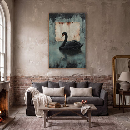 Swan Left Rusted Parchment Gothic wall art in a moody dark academia room – black swan with orange-pink beak on still