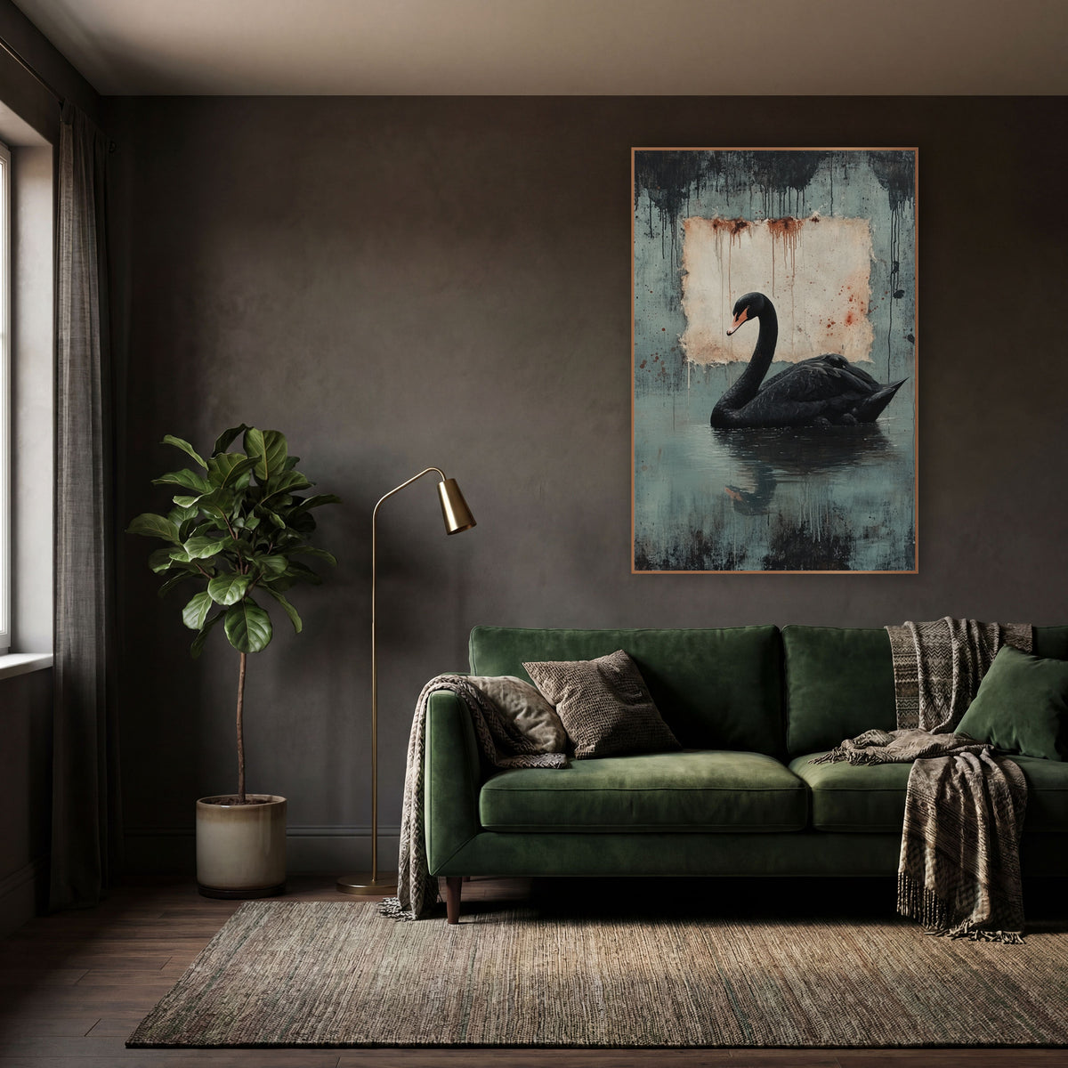 Swan Left Rusted Parchment Gothic wall art in a moody dark academia room – black swan with orange-pink beak on still