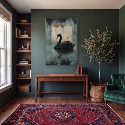 Swan Left Rusted Parchment Gothic wall art in a moody dark academia room – black swan with orange-pink beak on still