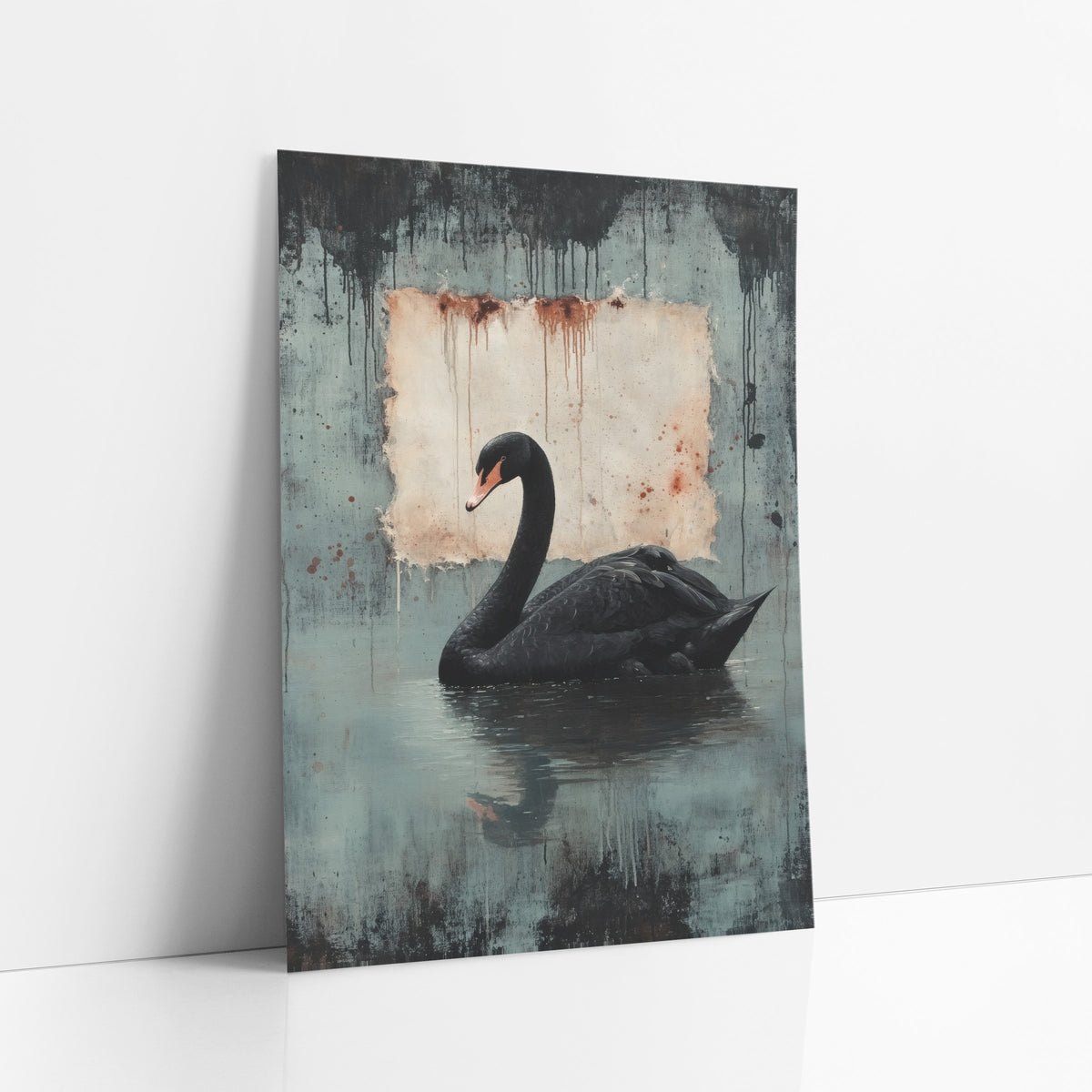 Swan Left Rusted Parchment Gothic art print leaning against a white wall – black swan with orange-pink beak on still