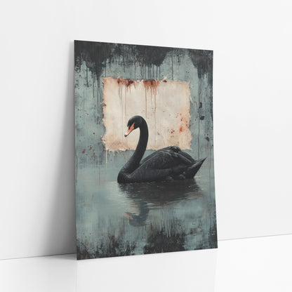 Swan Left Rusted Parchment Gothic art print leaning against a white wall – black swan with orange-pink beak on still