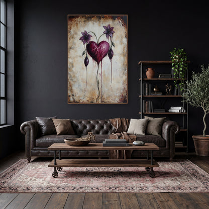Crimson Heart Twin Violet Blooms Gothic wall art in a moody dark academia room – burgundy heart with pink veins