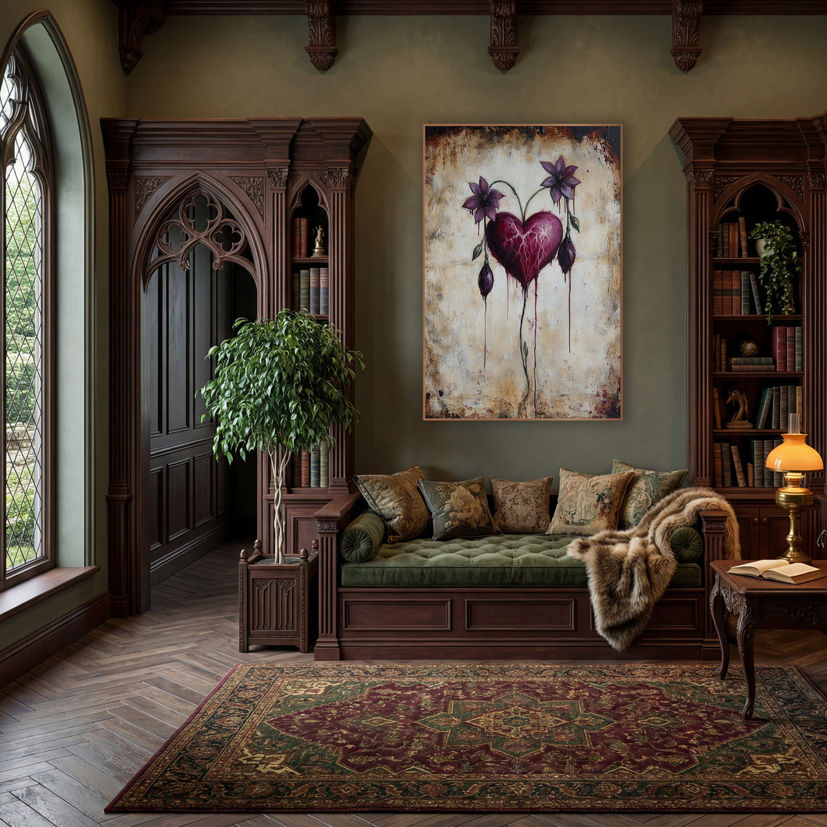 Crimson Heart Twin Violet Blooms Gothic wall art in a moody dark academia room – burgundy heart with pink veins