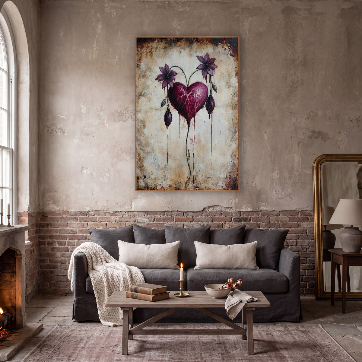 Crimson Heart Twin Violet Blooms Gothic wall art in a moody dark academia room – burgundy heart with pink veins
