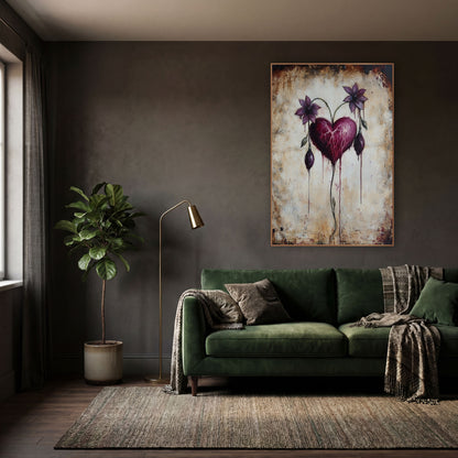 Crimson Heart Twin Violet Blooms Gothic wall art in a moody dark academia room – burgundy heart with pink veins
