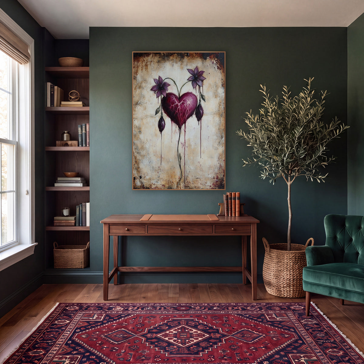 Crimson Heart Twin Violet Blooms Gothic wall art in a moody dark academia room – burgundy heart with pink veins