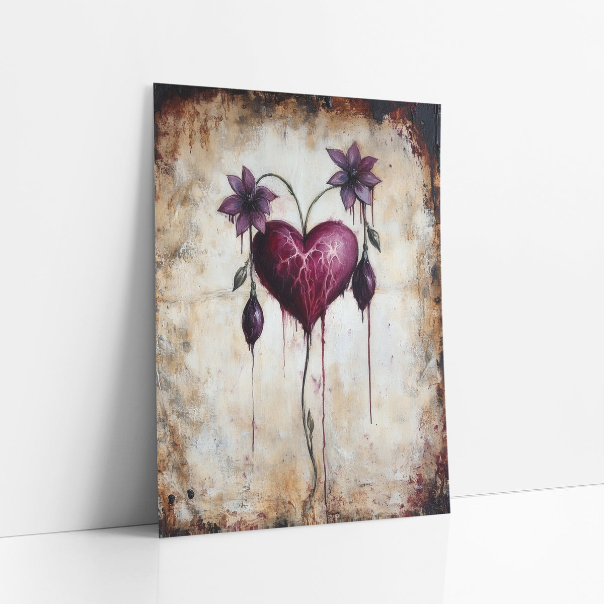 Crimson Heart Twin Violet Blooms Gothic art print leaning against a white wall – burgundy heart with pink veins and dripping