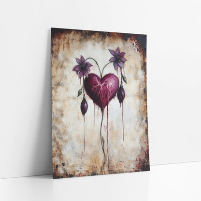 Crimson Heart Twin Violet Blooms Gothic art print leaning against a white wall – burgundy heart with pink veins and dripping