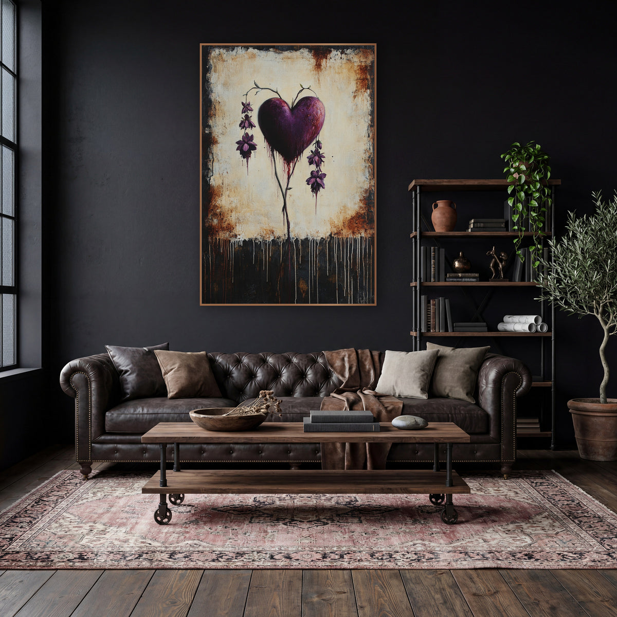 Plum Bleeding Heart Gothic Botanical wall art in a moody dark academia room – plum purple bleeding heart with hanging