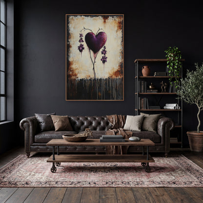 Plum Bleeding Heart Gothic Botanical wall art in a moody dark academia room – plum purple bleeding heart with hanging