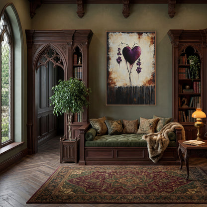 Plum Bleeding Heart Gothic Botanical wall art in a moody dark academia room – plum purple bleeding heart with hanging