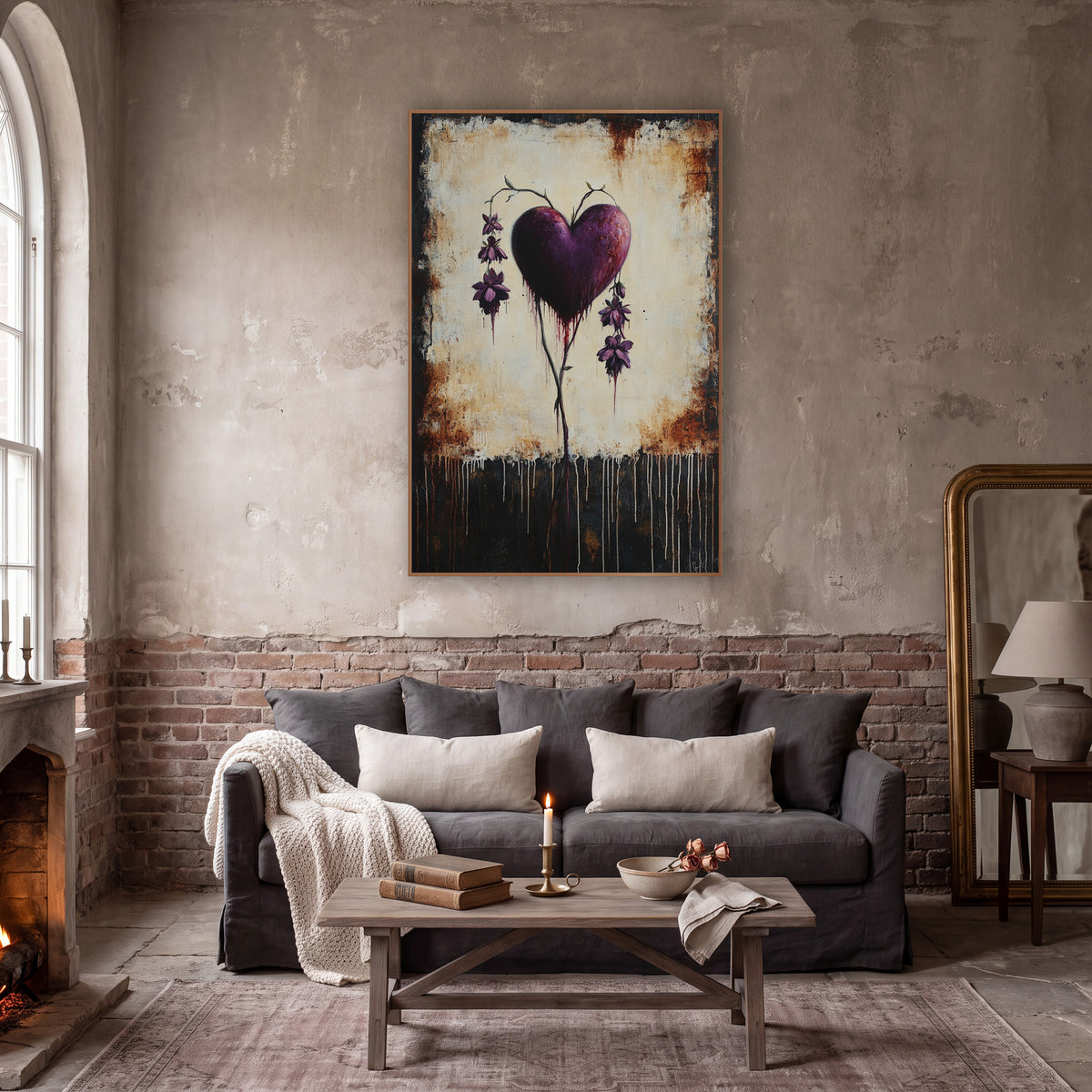 Plum Bleeding Heart Gothic Botanical wall art in a moody dark academia room – plum purple bleeding heart with hanging