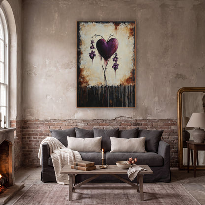 Plum Bleeding Heart Gothic Botanical wall art in a moody dark academia room – plum purple bleeding heart with hanging