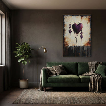 Plum Bleeding Heart Gothic Botanical wall art in a moody dark academia room – plum purple bleeding heart with hanging