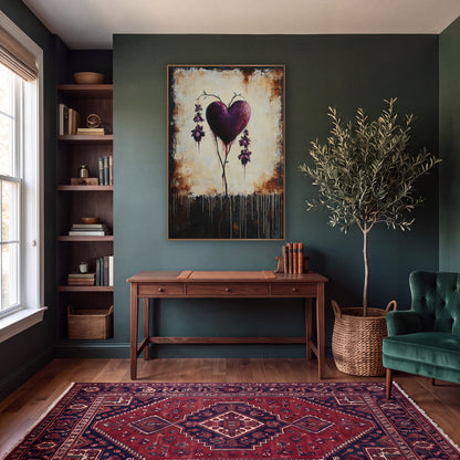 Plum Bleeding Heart Gothic Botanical wall art in a moody dark academia room – plum purple bleeding heart with hanging