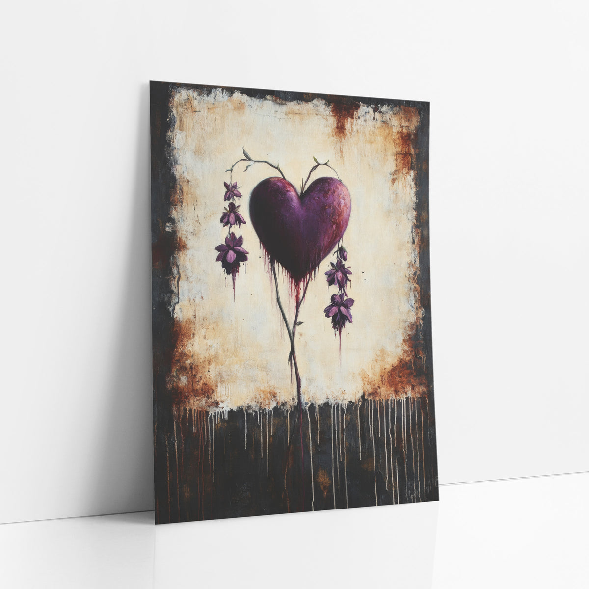 Plum Bleeding Heart Gothic Botanical art print leaning against a white wall – plum purple bleeding heart with hanging