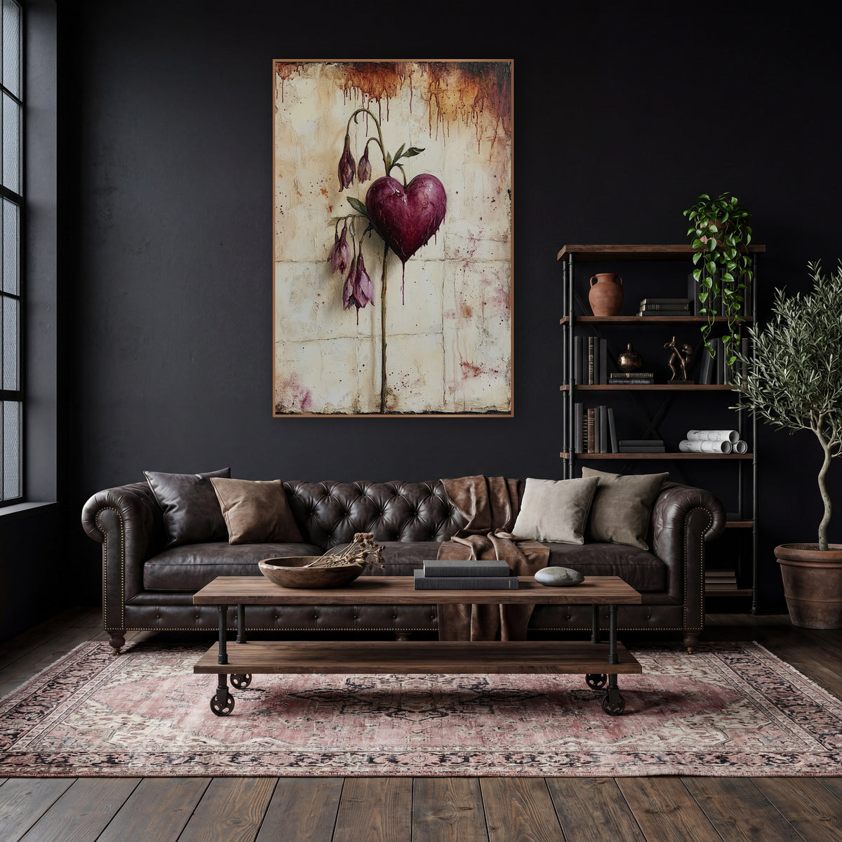 Burgundy Heart Drooping Blush Buds Moody wall art in a moody dark academia room – burgundy heart on a curved stem