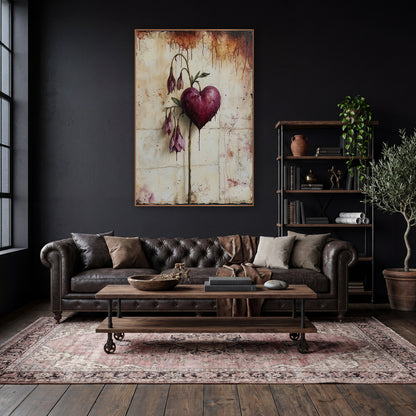 Burgundy Heart Drooping Blush Buds Moody wall art in a moody dark academia room – burgundy heart on a curved stem