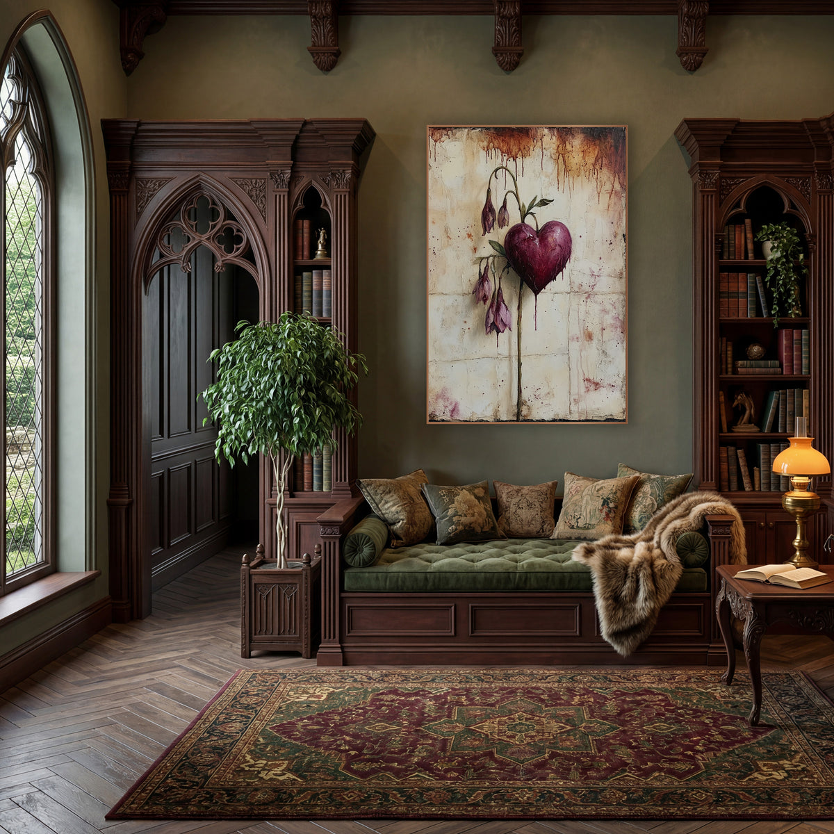 Burgundy Heart Drooping Blush Buds Moody wall art in a moody dark academia room – burgundy heart on a curved stem
