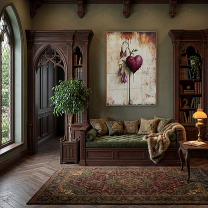 Burgundy Heart Drooping Blush Buds Moody wall art in a moody dark academia room – burgundy heart on a curved stem