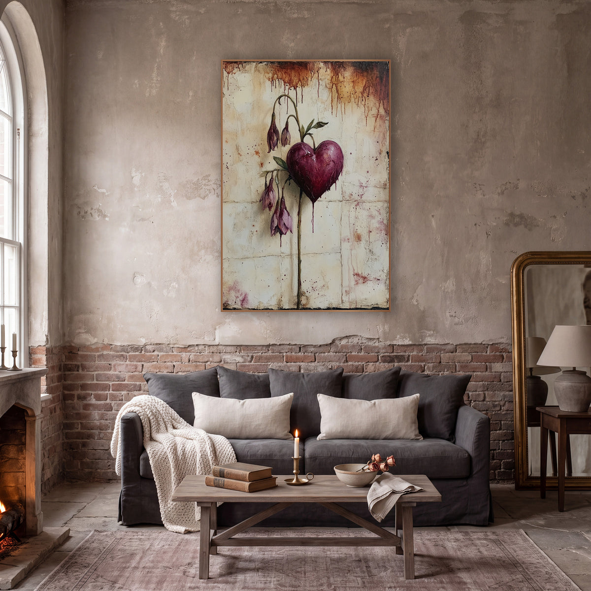 Burgundy Heart Drooping Blush Buds Moody wall art in a moody dark academia room – burgundy heart on a curved stem