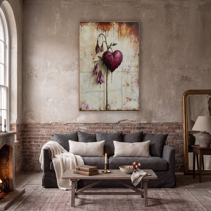Burgundy Heart Drooping Blush Buds Moody wall art in a moody dark academia room – burgundy heart on a curved stem