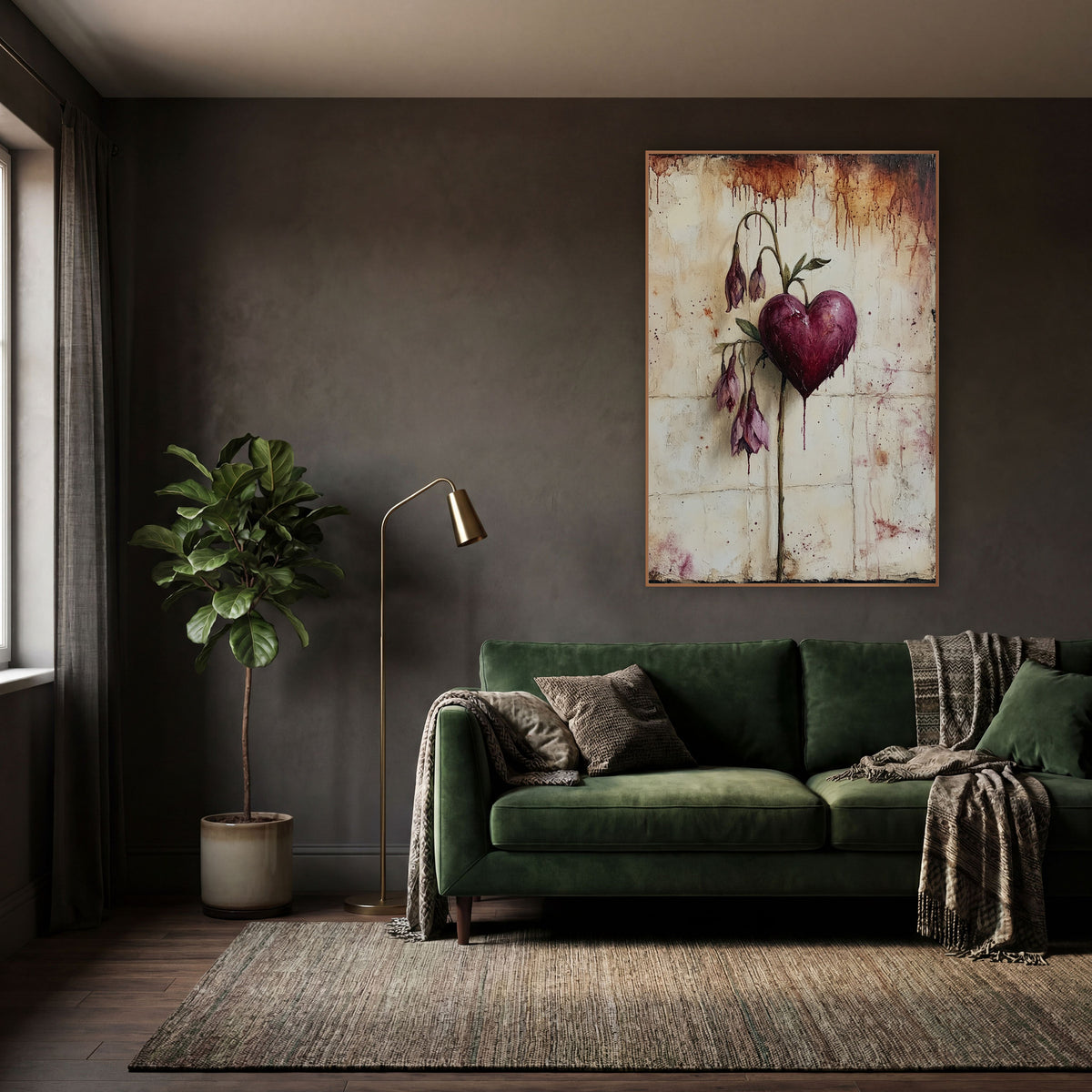 Burgundy Heart Drooping Blush Buds Moody wall art in a moody dark academia room – burgundy heart on a curved stem