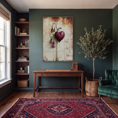 Burgundy Heart Drooping Blush Buds Moody wall art in a moody dark academia room – burgundy heart on a curved stem