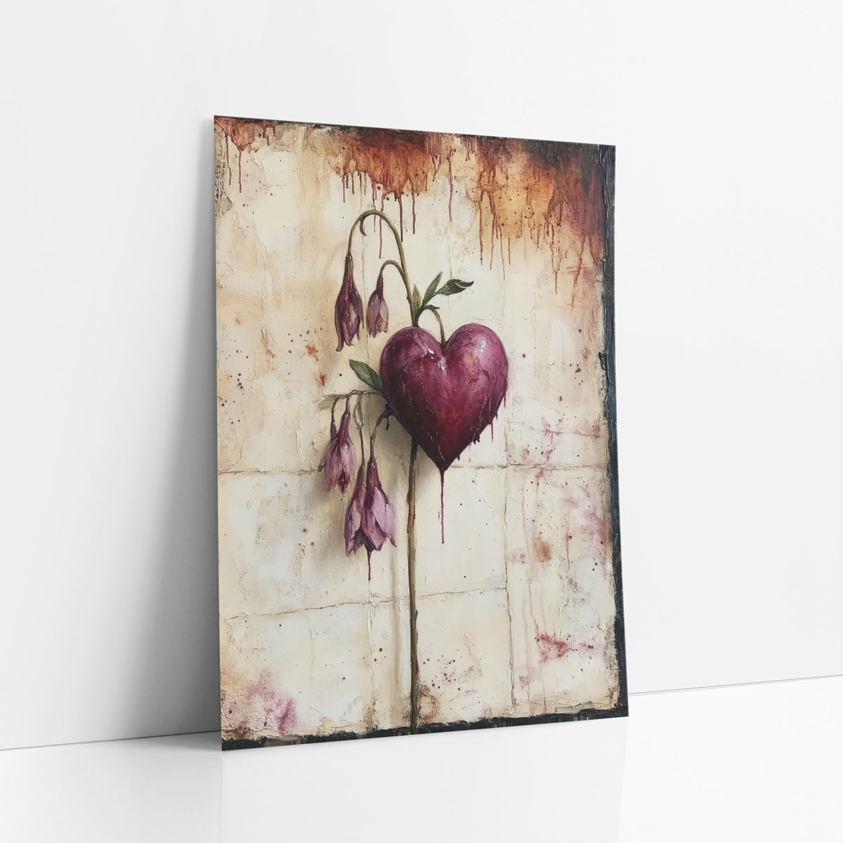 Burgundy Heart Drooping Blush Buds Moody art print leaning against a white wall – burgundy heart on a curved stem