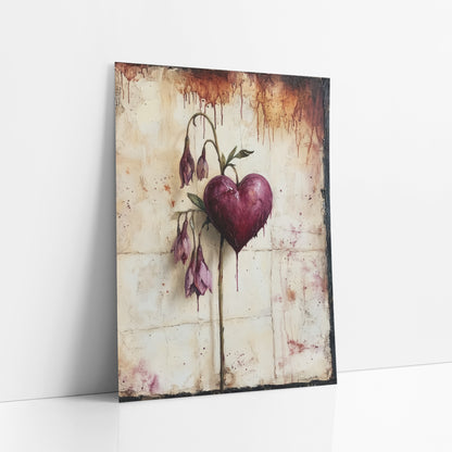 Burgundy Heart Drooping Blush Buds Moody art print leaning against a white wall – burgundy heart on a curved stem
