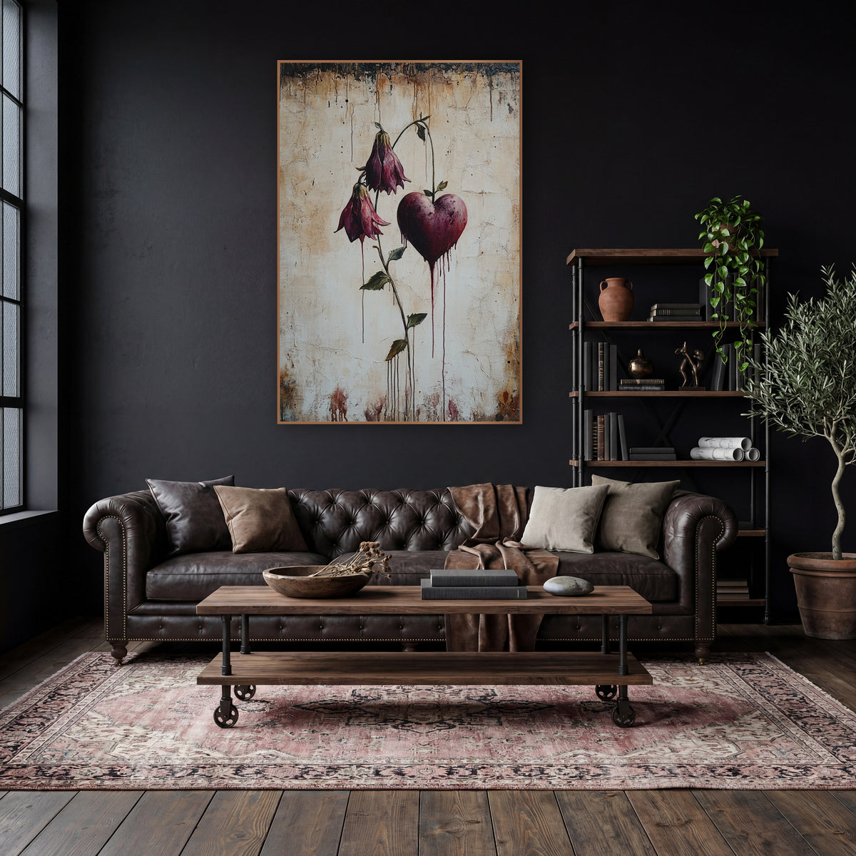 Wine Heart Hanging Bell Flowers Gothic wall art in a moody dark academia room – burgundy bleeding heart flowers