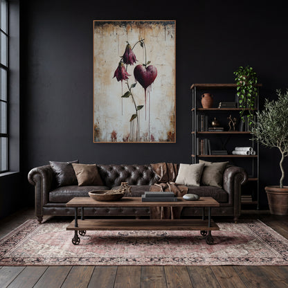 Wine Heart Hanging Bell Flowers Gothic wall art in a moody dark academia room – burgundy bleeding heart flowers