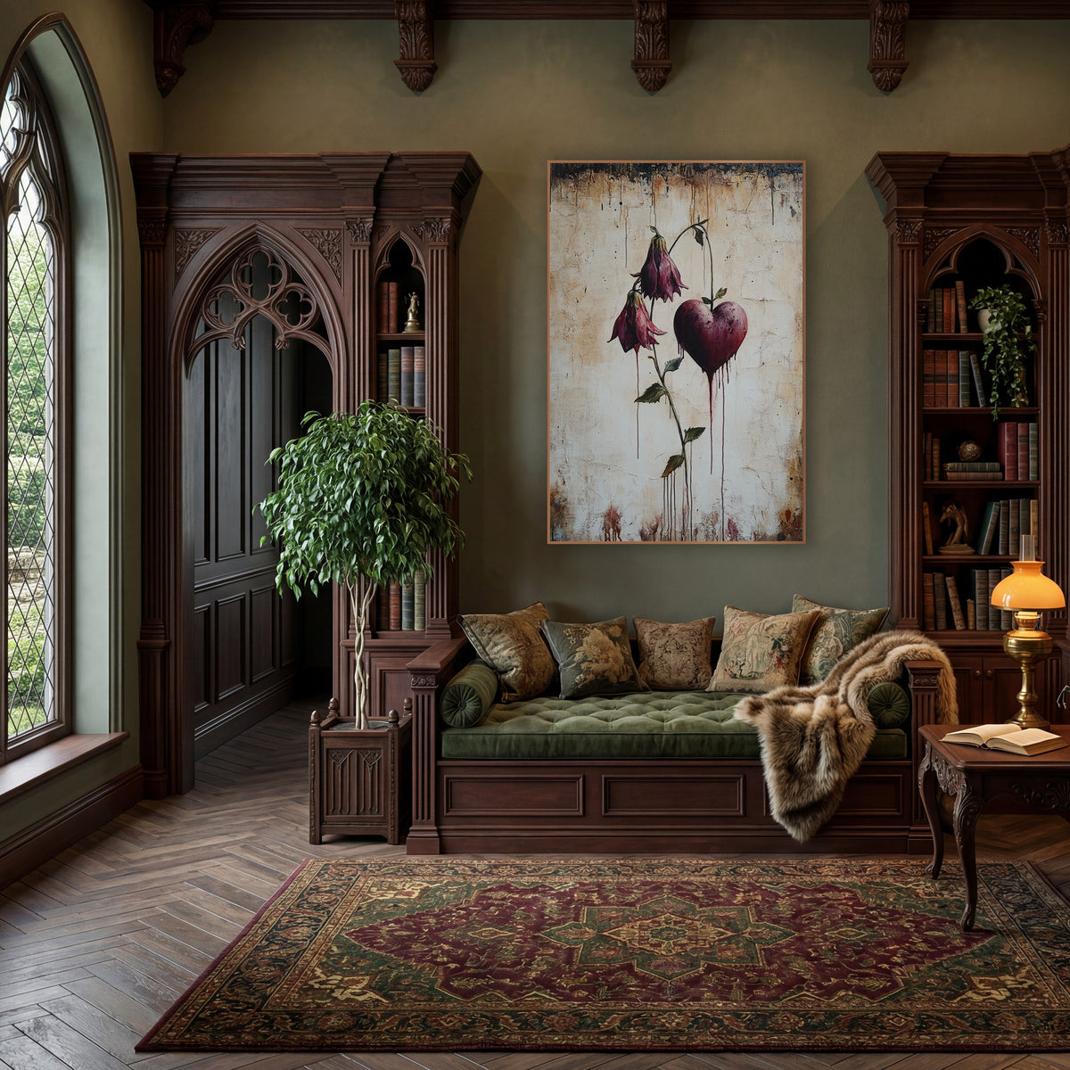 Wine Heart Hanging Bell Flowers Gothic wall art in a moody dark academia room – burgundy bleeding heart flowers
