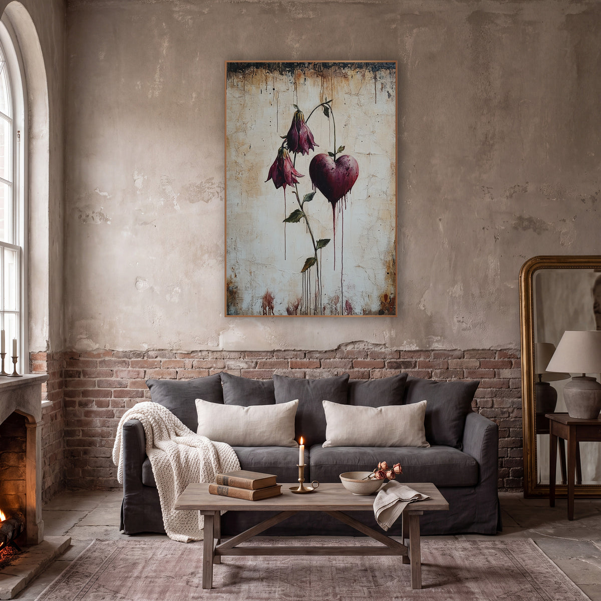 Wine Heart Hanging Bell Flowers Gothic wall art in a moody dark academia room – burgundy bleeding heart flowers