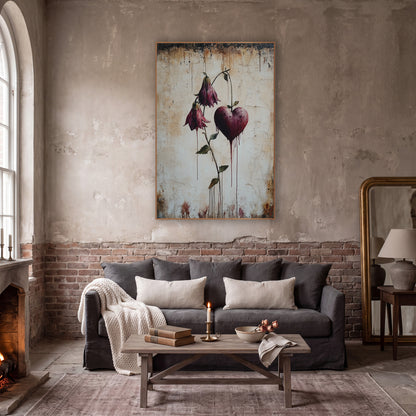Wine Heart Hanging Bell Flowers Gothic wall art in a moody dark academia room – burgundy bleeding heart flowers