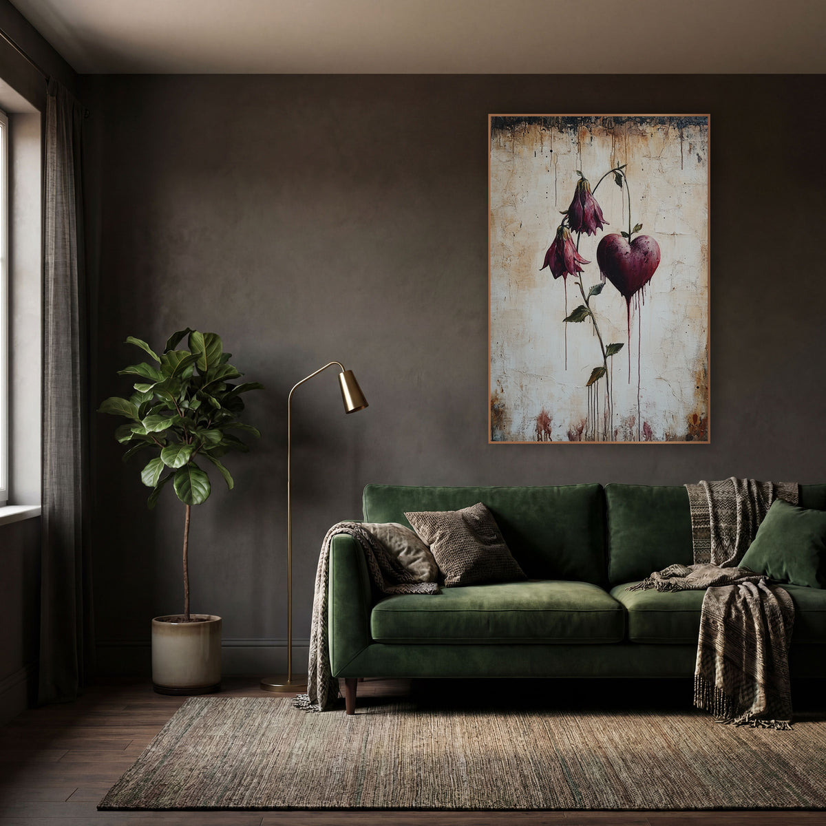 Wine Heart Hanging Bell Flowers Gothic wall art in a moody dark academia room – burgundy bleeding heart flowers