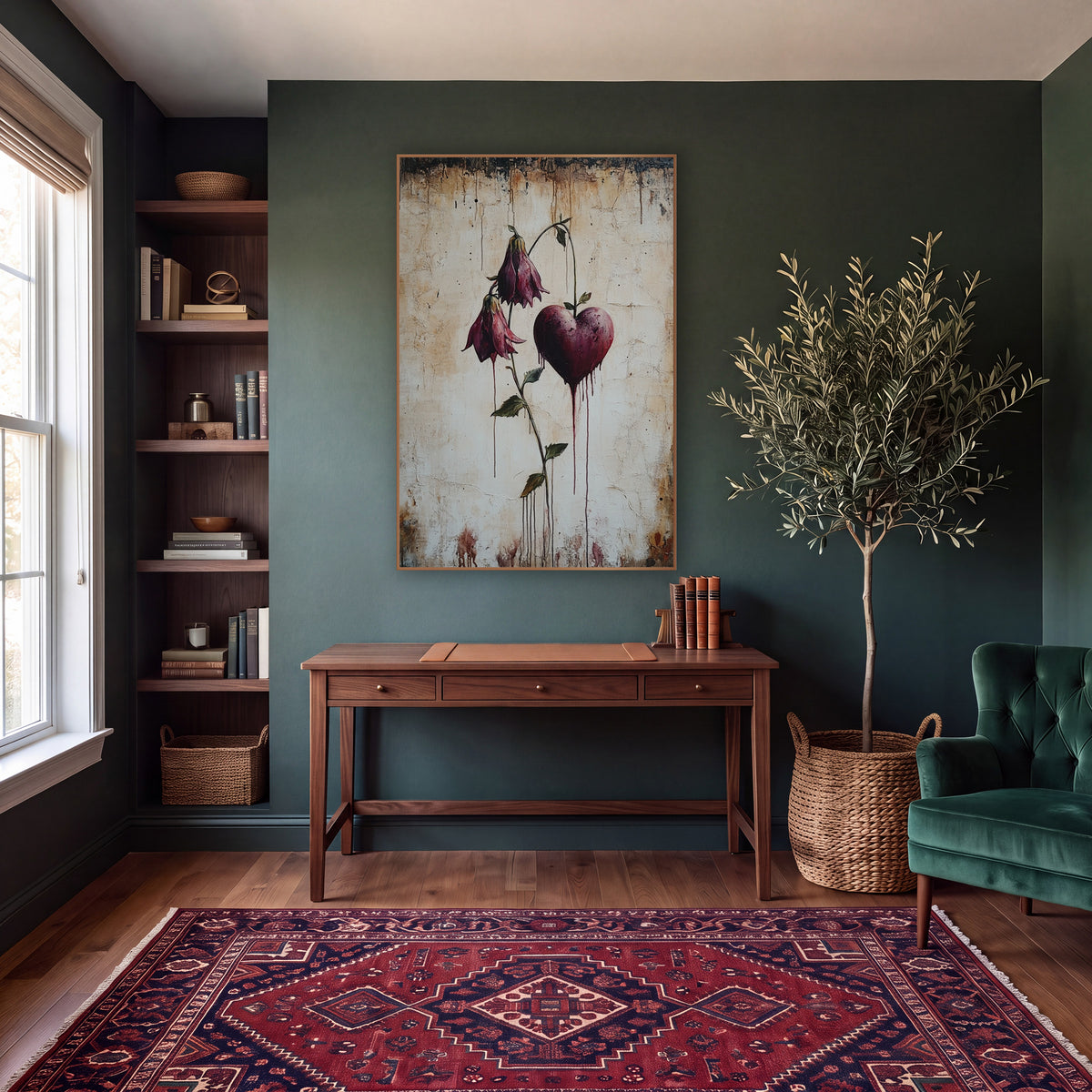Wine Heart Hanging Bell Flowers Gothic wall art in a moody dark academia room – burgundy bleeding heart flowers