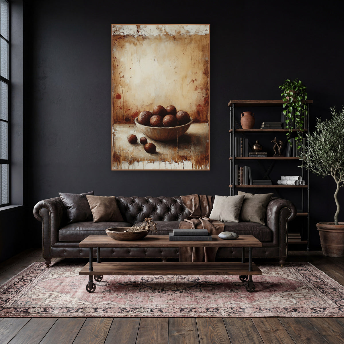 Chestnuts Beside Bowl Rustic wall art in a moody dark academia room – still life of a bowl of round brown chestnuts